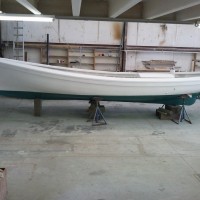 This is a prime example of the shapely design of the North Carolina state boat, which was originally used for commercial fishing under sail. George Washington Creef designed the first shad boats based on sailing vessels that he saw in the Bahamas. This particular boat is owned by my new neighbors Wayne and Nancy Gray of Wanchese. I was very excited to have this piece of history in the shop.